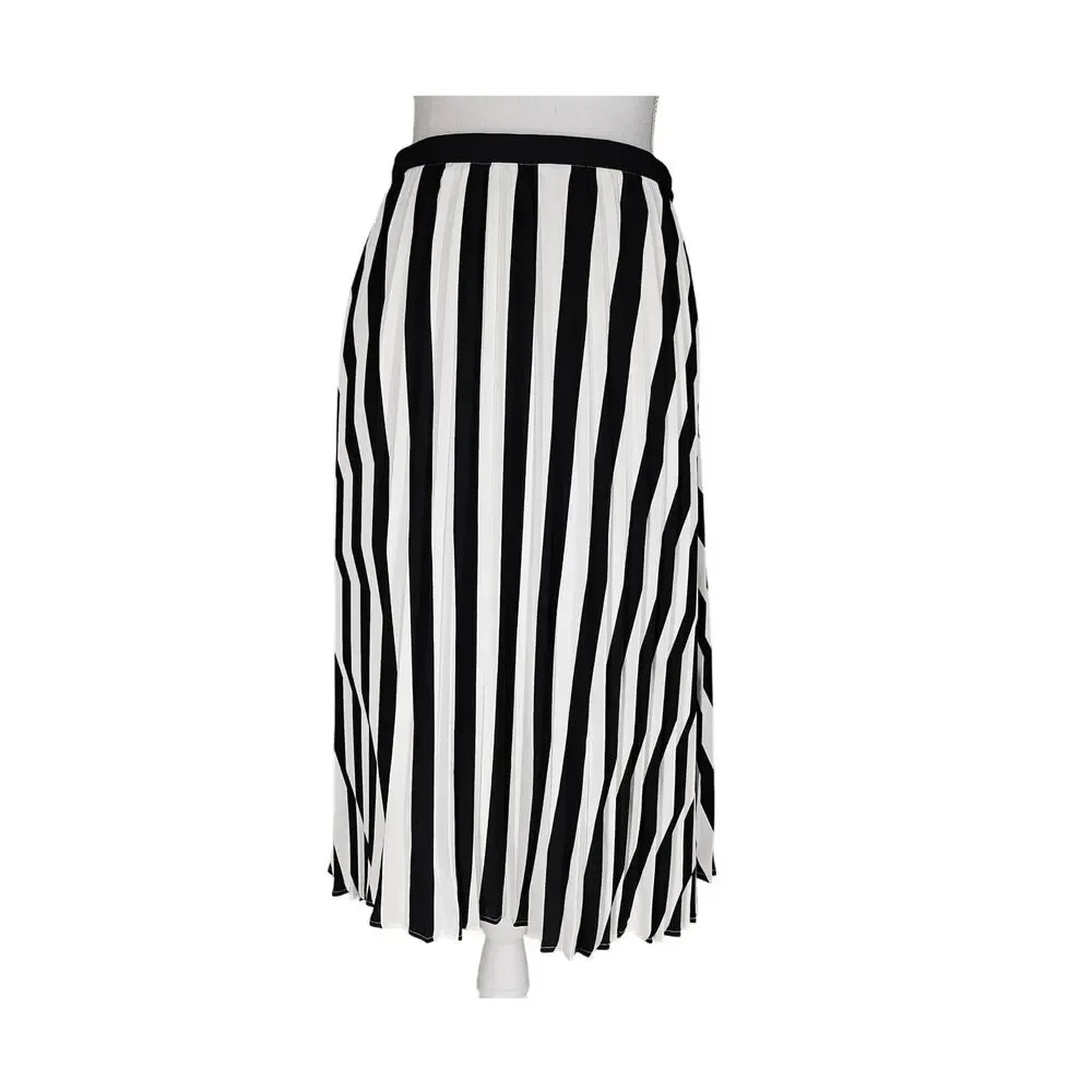 KARL LAGERFELD PARIS WOMEN'S STRIPED WHITE / BLACK PLEATED MIDI SKIRT SIZE 10